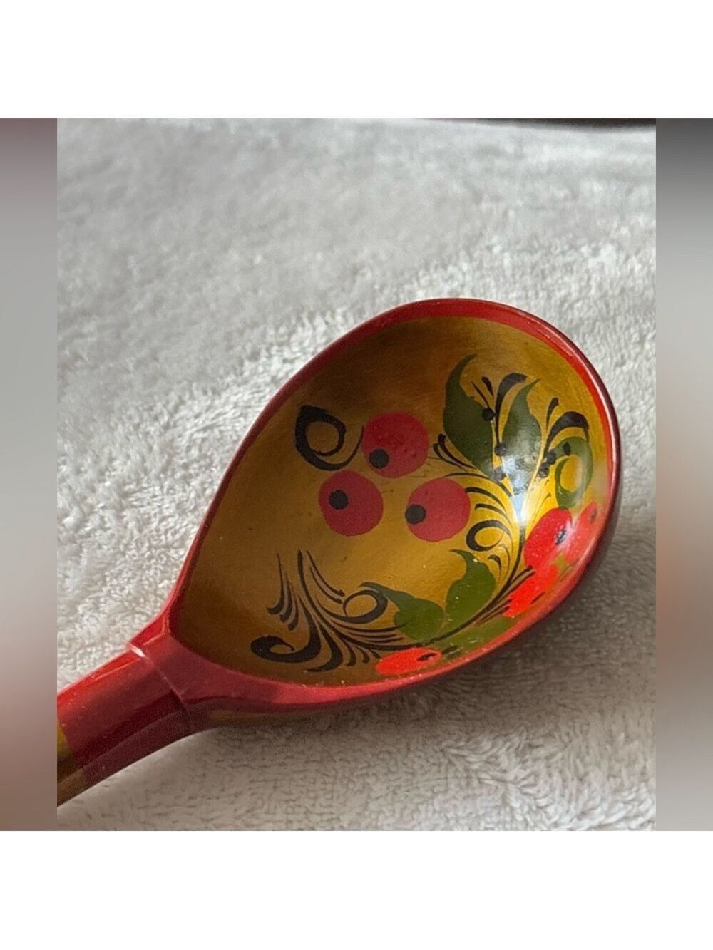 Vintage Khokhloma Russian Lacquer Wood Spoon • Hand-Painted Gold Folk Art • 7.5” - Picture 3 of 14